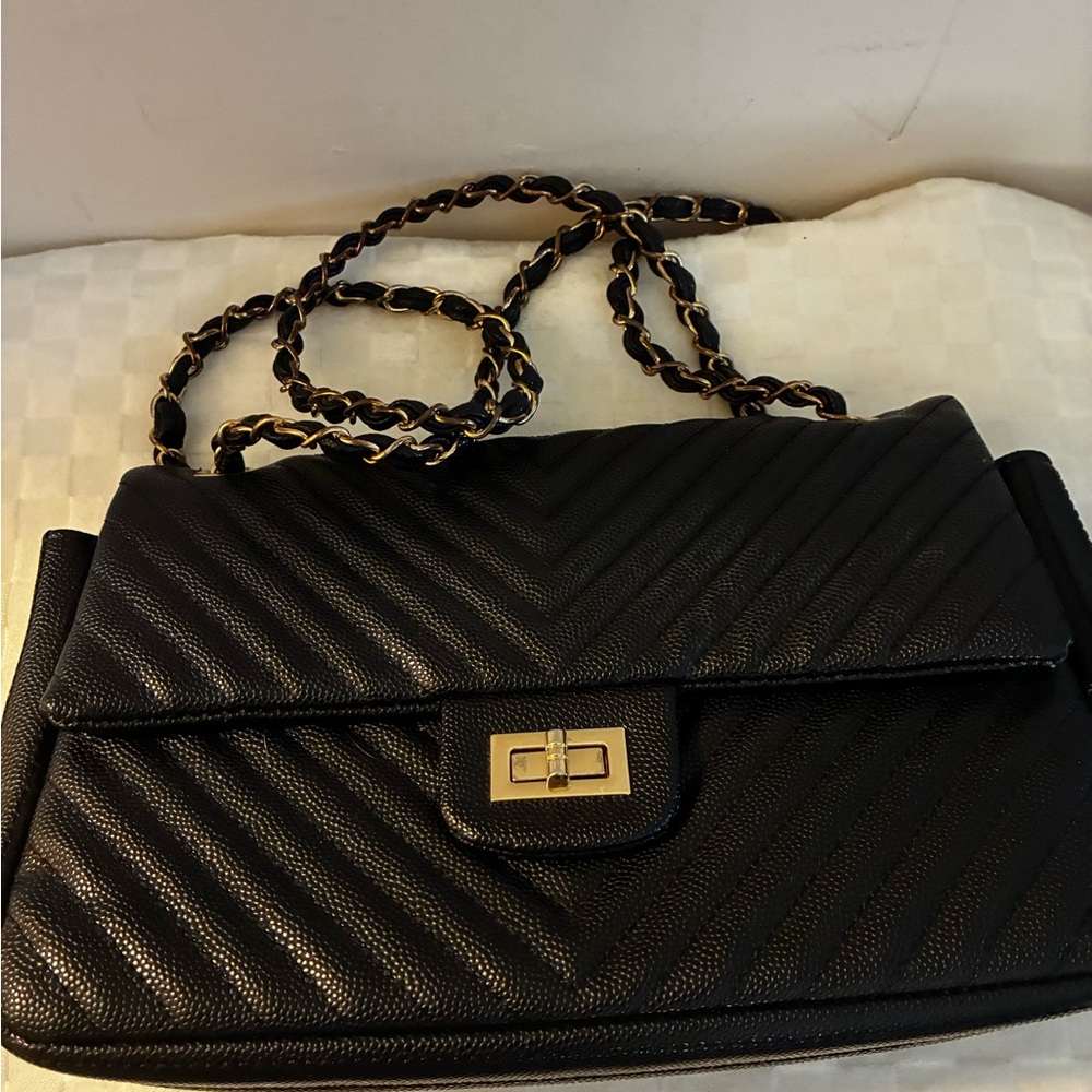 Black Quilted Shoulder Bag with Gold Chain Strap